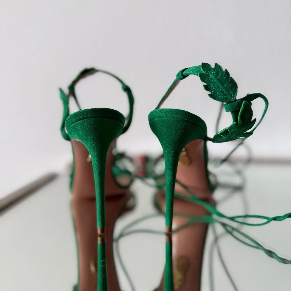 New Aquazzura Green Fragolina 105 Embellished Suede Sandals 37.5 $1,295